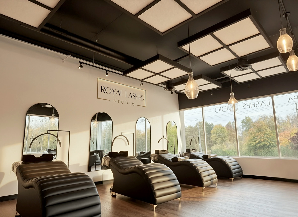 Royal Lashes Studio interior, soft neutral palette, plush treatment beds