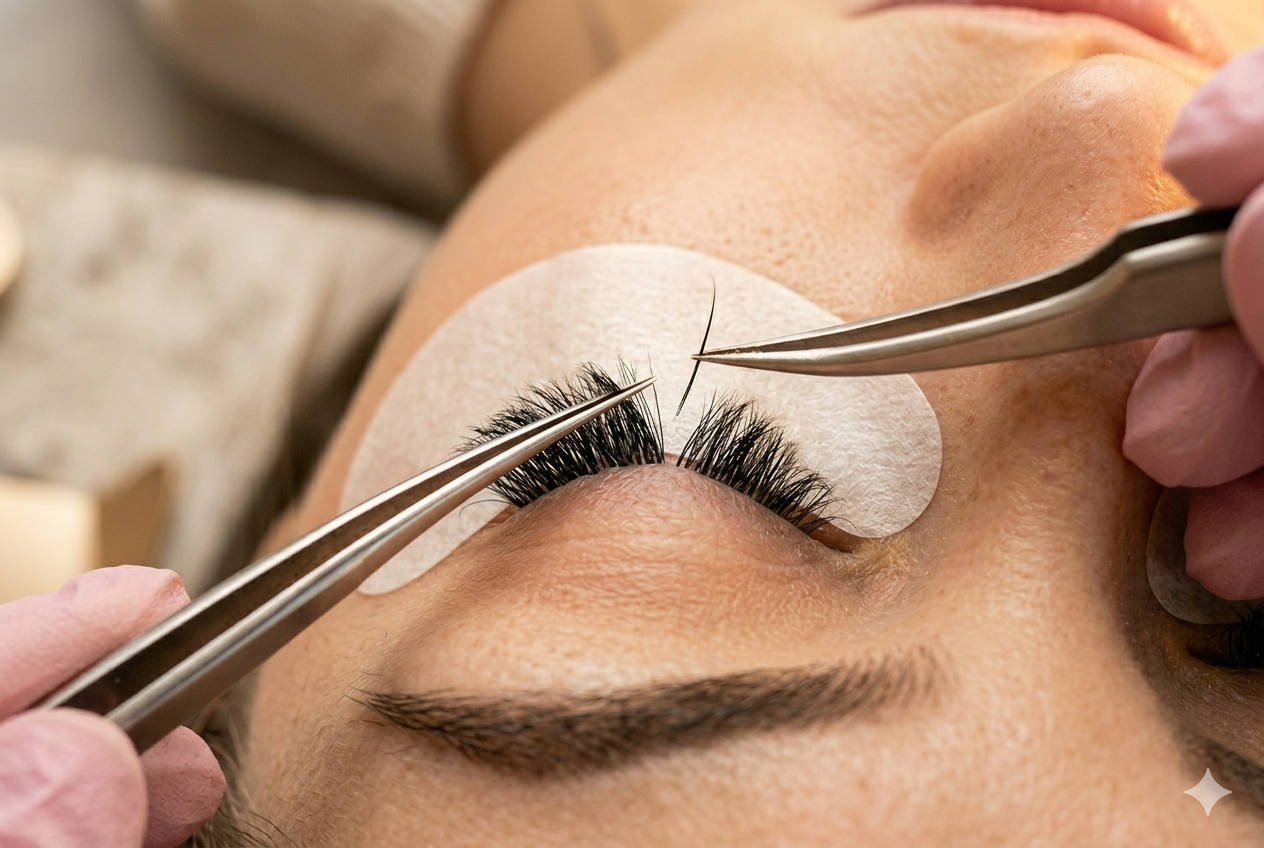 Certified lash artist applying classic lash extensions